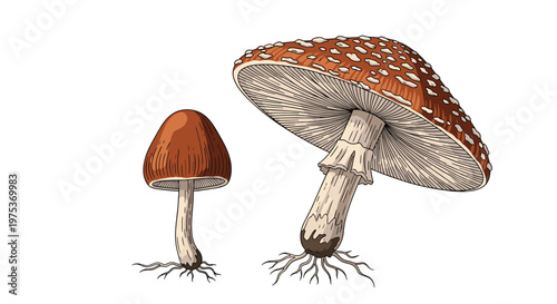 Detailed illustration of two mushrooms with caps and stems showing intricate gill structures on white background.