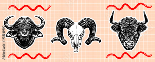 Set of handdrawn animal heads including buffalo, ram skull, and bull, vintage style engraving illustrations for tattoo or apparel design