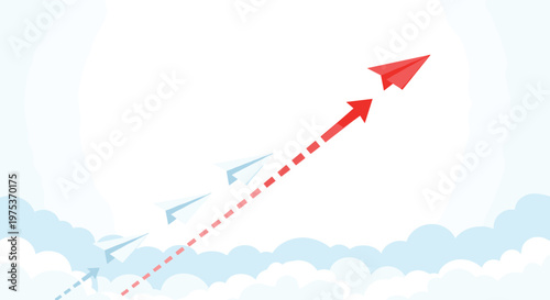 Flock of white paper planes flies upward in the sky with a single red plane leading the way to represent leadership.
