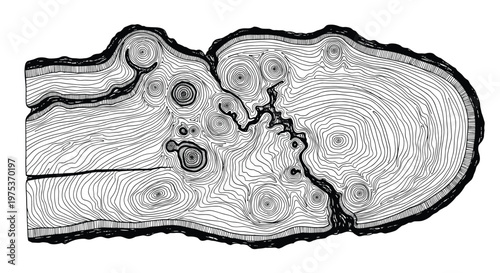 Detailed black and white line drawing of a tree trunk cross section showing intricate annual growth rings pattern.