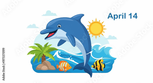 Happy dolphin jumping in tropical ocean for National Dolphin Day April 14