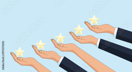 Multiple hands in business suits reach upward holding glowing gold stars to represent excellence and achievement.