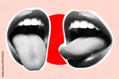 Pop art style illustration of two mouths with tongues sticking out, halftone texture, a pink grid background with a red circle