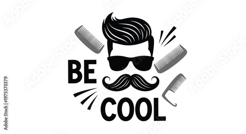Stylish barbershop logo design featuring a mans face with mustache sunglasses and hair combs with be cool text.