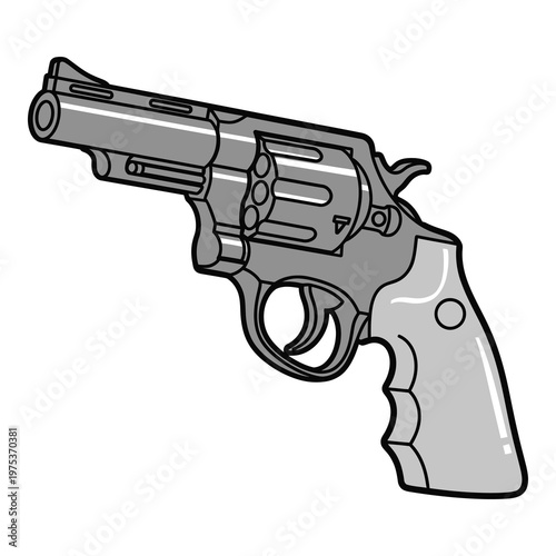 Gray cartoon revolver pistol handgun with cylinder and grip  isolated on white icon