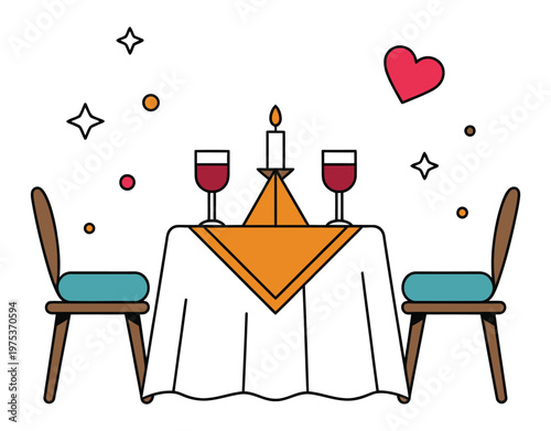 Date night dinner illustrated with a cozy table, two chairs, candle centerpiece, and heart symbol above, representing love, intimacy, and romantic dining