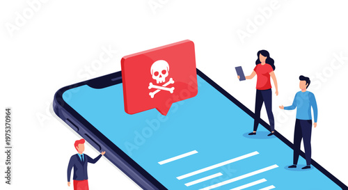 Smartphone screen features a prominent red notification bubble with a skull and crossbones warning icon while people stand nearby.