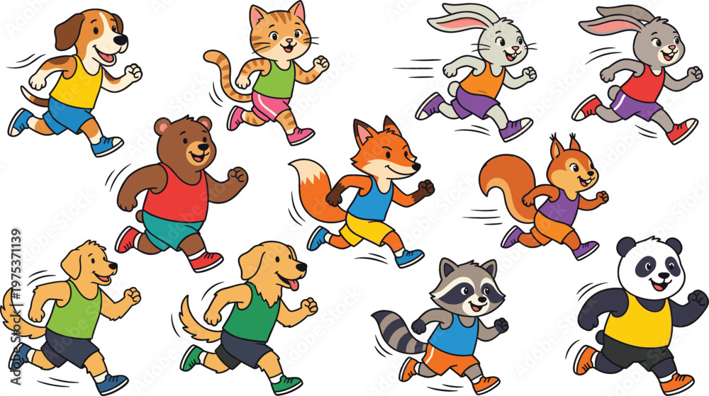 Obraz premium Cute Cartoon Running Animal Character Set Featuring Dog, Cat, Bear, Fox, Rabbit, Panda, and Raccoon in Athletic Outfits for Sports Branding, Children's Illustration, and Fitness Related Designs