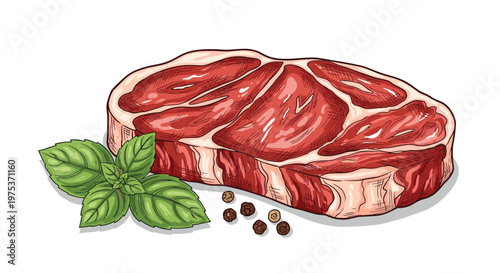 Detailed hand drawn illustration of a raw ribeye steak with fresh basil leaves and black peppercorns on white.