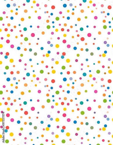 Colorful polka dots of varying sizes scattered on a white background