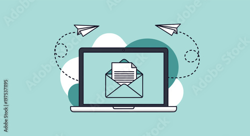 Desktop laptop displays an open envelope with a document inside against a light blue background with abstract circles.