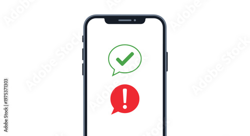 Smartphone displays two chat bubbles, one with a green checkmark and another with a red exclamation point for feedback.