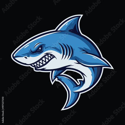 Illustration of a blue shark with white underbelly and sharp teeth facing left  marine predator icon