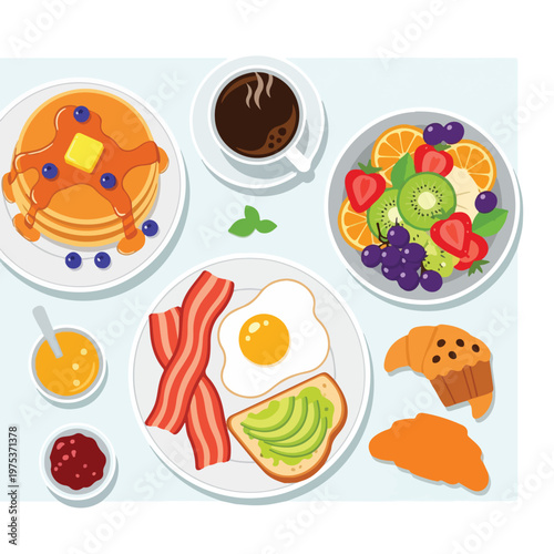 A cheerful illustration of a colorful breakfast spread