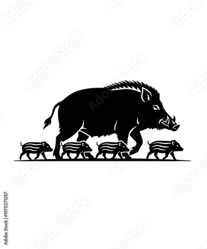 wild boar family walking in forest flat design vector illustration
