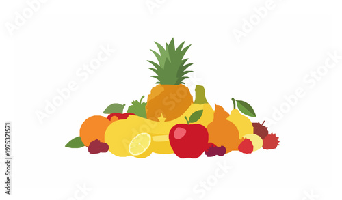 Colorful tropical fruit arrangement vector with pineapple banana apple orange lemon and berries isolated on white