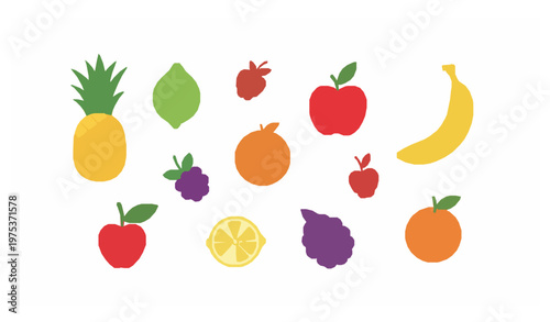 Cute tropical fruit characters vector set with pineapple banana apple orange lemon and berries isolated on white