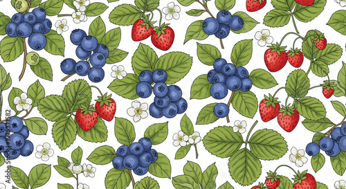 Vibrant berry seamless pattern with hand drawn blueberries strawberries leaves and blossoms on white background.