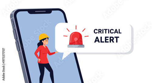Smartphone displays a woman wearing a yellow hard hat and a safety vest next to a large red siren and a critical alert message.