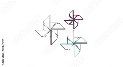 Three stylized pinwheel icons with different colored outlines on white background