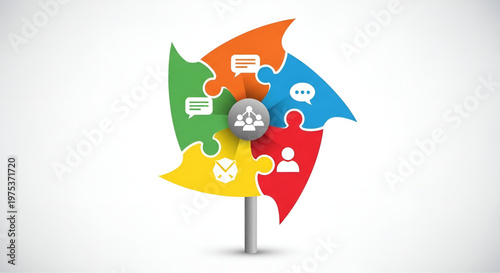 Vibrant pinwheel puzzle with communication and teamwork icons representing business strategy and collaboration.