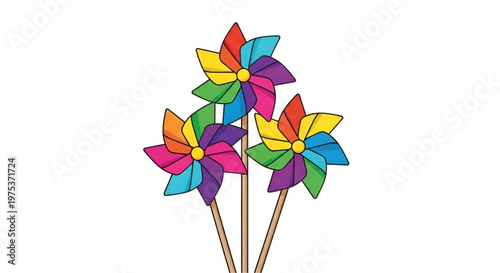 Three colorful pinwheels with rainbow petals on wooden sticks against white background.