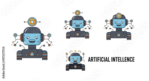 Collection of cute cartoon robots representing artificial intelligence on white background.