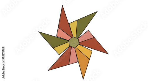 Geometric pinwheel design with colorful earth-toned triangular segments radiating from central hexagon