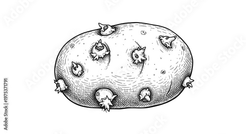 Detailed black and white illustration of a single potato tuber with several growing sprouts on white background.