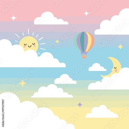 A cheerful illustration of a sky filled with smiling celestial bodies