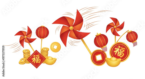 Festive Chinese New Year illustration with red pinwheels lanterns and gold coins for luck.