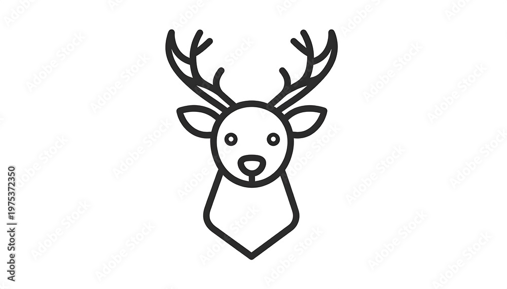 Naklejka premium A simple, black line art illustration of a deer head facing forward against a stark white background. The focus is on clean lines and symmetry