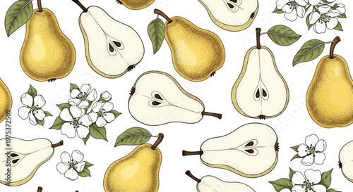 Artistic seamless pattern features whole and halved yellow pears accompanied by delicate white blossoms and green leaves.