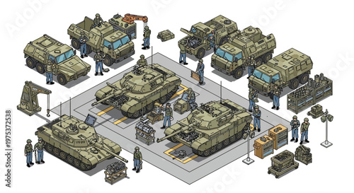 Isometric military base illustration showing a 3D army barracks with tanks and trucks undergoing maintenance by small figures, presented in a detailed vector design against a clean white