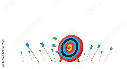 Archery target is shown with several arrows hitting the center while others have missed and landed in the ground nearby.