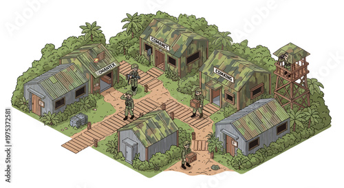 Isometric illustration shows a military camp with soldiers positioned in front of barracks and a watchtower, set against a backdrop of lush green trees, rendered in a detailed and strategic