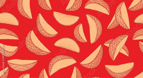Delicious potato wedges pattern with a textured hand drawn style is repeated across a vibrant red background for a food theme.
