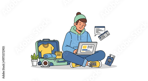 Remote worker, digital nomad, travel, laptop, vector illustration