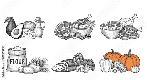 Collection of healthy food groups includes proteins, fats, vegetables, and grains illustrated in a detailed black and white style.