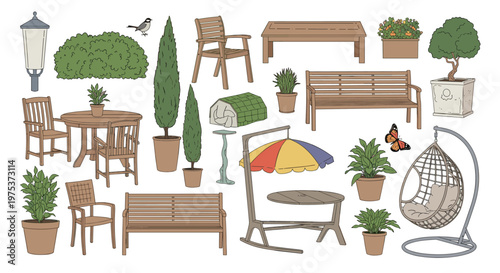 Extensive set of garden furniture and outdoor elements includes chairs, tables, potted plants, and decorative backyard structures.