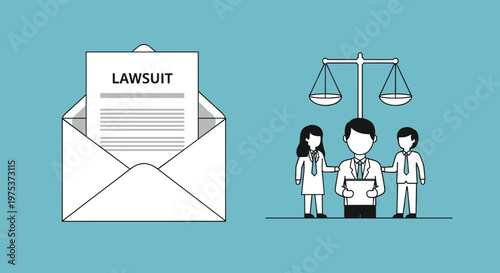 Lawsuit document in an envelope is paired with a group of professional figures and the scales of justice icon.