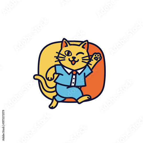 Playful cat in a business suit waving cheerfully