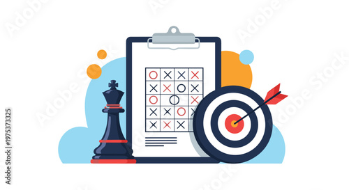 Strategic business planning involves chess pieces and a target with an arrow hitting the bullseye on a board for achieving goals and success.