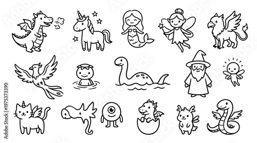 Whimsical Fantasy Creatures Collection Cute Doodle Illustrations for Childrens Books and Magical Designs