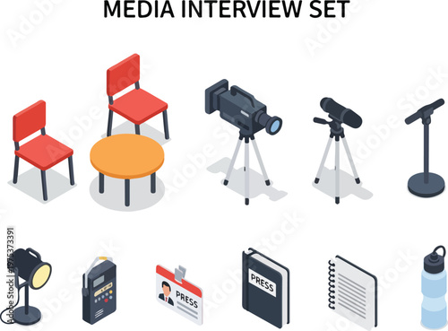 Media interview set with camera, microphone, and chairs for press conferences