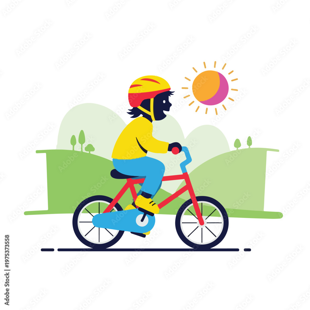 Fototapeta premium A child riding a red bicycle on a sunny day with hills