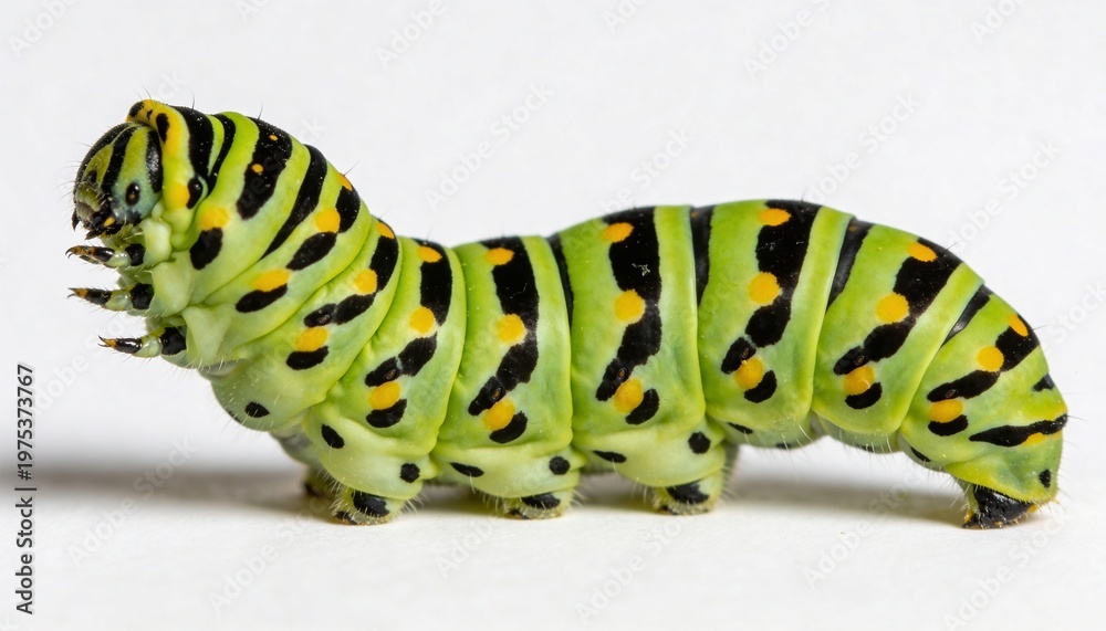 Fototapeta premium Vibrant green caterpillar with black and yellow spots crawling on white surface