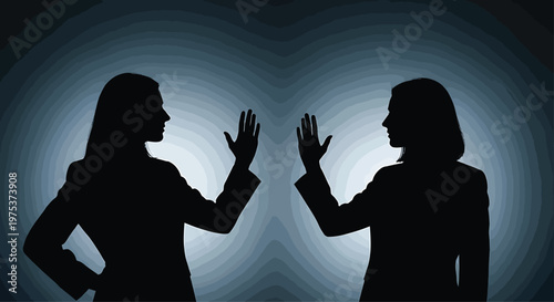 Two Women Silhouettes Facing Conflict in Dark Background with Blue Glow