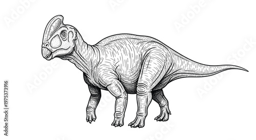 Detailed prehistoric illustration of a Parasaurolophus dinosaur is rendered in a classic black and white stippling and line style.