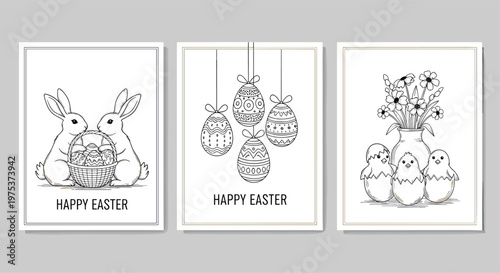 Set of three festive Easter cards features hand drawn bunnies, patterned hanging eggs, and cute little chicks in eggshells.